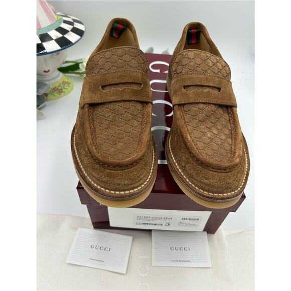 Men\'s Gucci suede GG monogram web loafers size 10 fits 10.5 US made in Italy main image 4